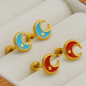 Chic gold titanium steel star and moon stud earrings in sky blue and red enamel finish