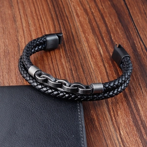Handmade men's black braided leather bracelet with steel chain and magnetic clasp
