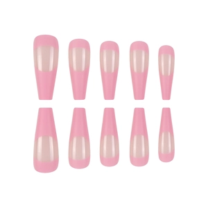 Hot pink French tip press-on nails in long coffin shape with glossy UV finish