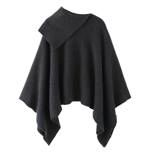 Women's dark grey asymmetrical neck knit poncho cape coat with stylish minimalist design