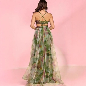 Floral print mesh maxi dress with open back and tie straps in a green summer style