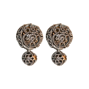 Hollow-out double-sided ball earrings with crystals and vintage silver finish