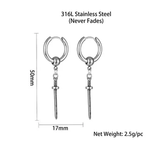 316L stainless steel vintage sword drop hoop earrings for men in silver finish