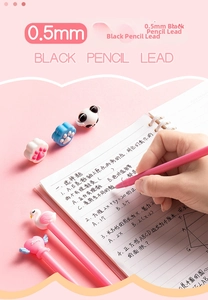 Close-up of pink 0.5mm black ink gel pen with cute swan and cat paw decorative charms