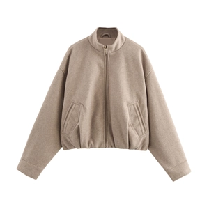 Women Bomber Jacket Woolen Blend Stand Collar Zipper Casual Loose Short Pilot Coat Autumn Winter Soft Outerwear