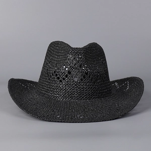 Classic black woven straw cowboy hat with breathable hollow knit for sun protection