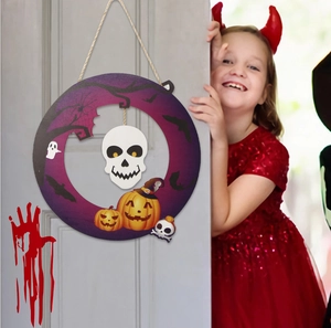 Detailed Halloween wooden door sign featuring ghosts, skulls, and pumpkins in purple tones