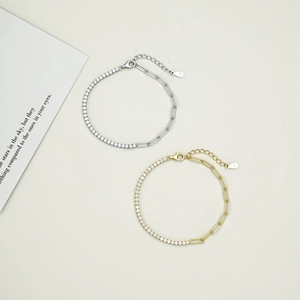 Detail view of S925 sterling silver tennis bracelets in gold and silver with cubic zirconia