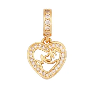 Detail of 12mm gold plated heart MOM pendant with cubic zirconia for jewelry making