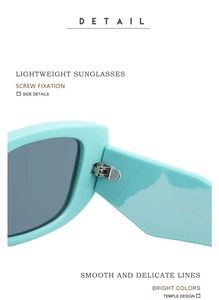 Close-up of metal hinge and reinforced screws on light blue square frame sunglasses
