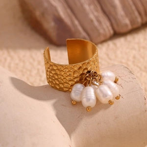 Hammered Texture Open Ring Stainless Steel 18K Gold Plated With Artificial Pearl Tassels Vintage Jewelry For Women