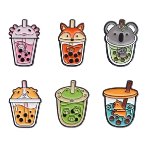 Cute set of six animal bubble tea enamel pins featuring a fox, axolotl, and koala
