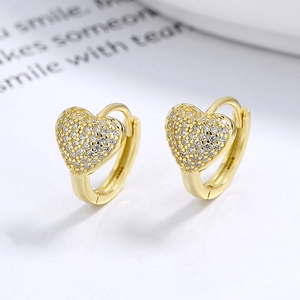Elegant 925 sterling silver heart-shaped hoop earrings with gold plating and full cubic zirconia