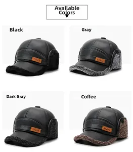 Close-up of winter men's faux leather hat with thick fur lining in four colors