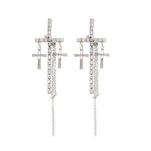 Silver needle cross tassel drop earrings with sparkling rhinestones in punk style