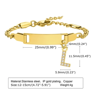 Adjustable gold plated stainless steel ID bracelet with letter L and custom plate