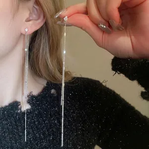 Elegant s925 silver needle long tassel earrings with sparkling zircon for women