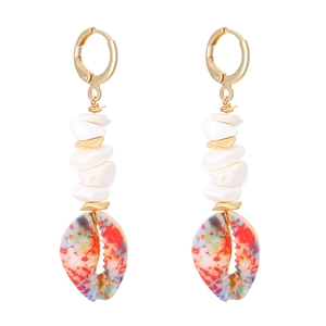 Detail of bohemian drop earrings featuring white beads and colorful painted shell pendants