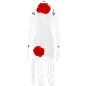 Detail der roten Blumenapplikationen und Raffungen am weißen Neckholder-Minikleid
