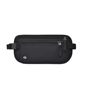 Slim black RFID blocking travel waist bag with waterproof fabric and dual pockets