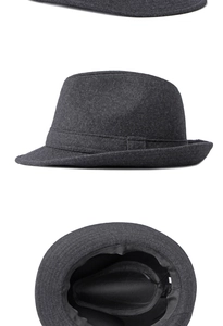 Three-view close-up of dark grey wool felt fedora showing texture and inner lining