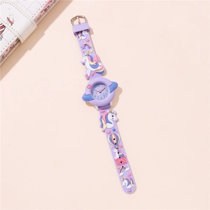 Detail view of purple unicorn children watch with 3D silicone strap and rainbow patterns