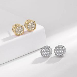 Iced out round zircon stud earring set in gold and silver finish with micro-pave detailing