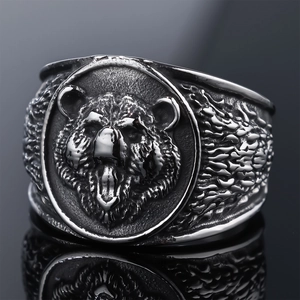 Men Vintage Bear Head Stainless Steel Ring 3D Relief Punk Biker Gothic Distressed Flame Pattern Individual Jewelry
