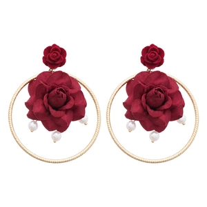 Elegant burgundy fabric rose earrings with gold metal hoops and white pearl pendants