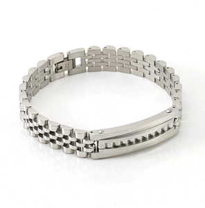 Close-up of a silver stainless steel watch-link bracelet with a smooth metal center plate