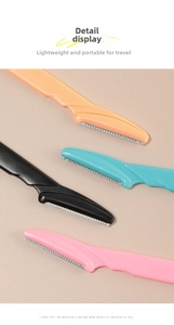 Detail of colorful eyebrow razors with ergonomic handles and micro-protective blade mesh