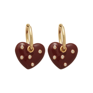 Vintage style gold earrings with diamond-encrusted reddish-brown enamel heart pendants
