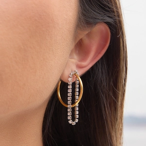 Elegant gold-plated chain tassel hoop earrings with sparkling cubic zirconia stones