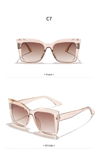 Detail view of cat eye sunglasses showing light tea frames and gradient lenses from two angles