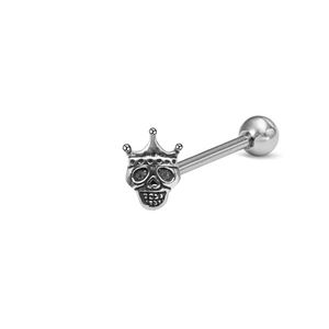 Silver tongue ring piercing featuring a crown skull design on a clean white background