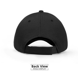 Rear view of black cotton baseball cap showing adjustable strap and fine stitching details