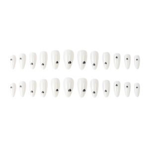Minimalist white almond press-on nails with black heart patterns, 24 pieces set
