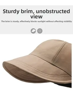 Detail view of khaki sun hat with wide firm brim and multi-row stitching for UV protection