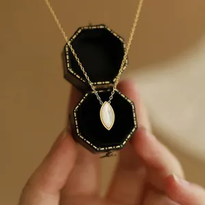 French vintage 18K gold plated stainless steel necklace with oval white shell pendant