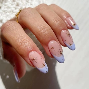 French Almond Press On Nails Star Pattern Purple Tip Nude Pink Fake Nails For Women Elegant Manicure Decoration DIY Nail Art