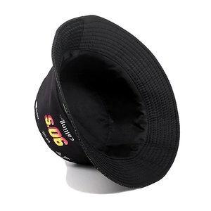 Retro black bucket hat with 90s calling text print and wide brim for sun protection