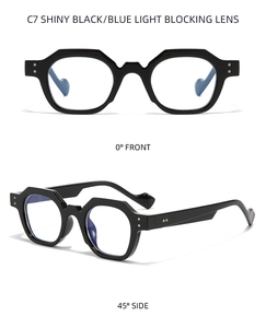 Detailed front and side view of shiny black polygon sunglasses with metal rivets and blue light lens