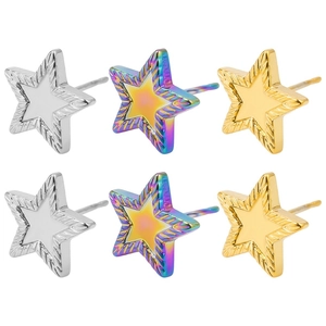 Detailed view of star-shaped 304 stainless steel stud earrings in silver, gold and rainbow