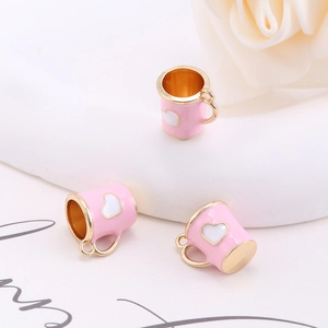 Pink heart patterned coffee mug charms in alloy with gold trim for DIY jewelry making