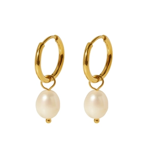Detail of gold hoop earrings featuring natural freshwater pearls on a clean white background