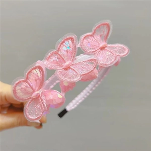 Pink embroidered butterfly headband for girls featuring sequins and soft mesh wings