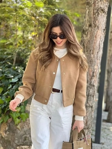 Women's Y2K camel cropped wool varsity jacket with contrast pockets and a stand collar