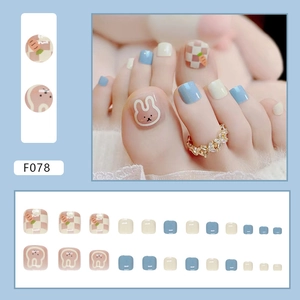 Kawaii blue rabbit checkerboard toe press-on nails set with cute carrot patterns