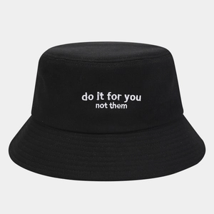 Retro black bucket hat with double-row letter embroidery and wide sun protection brim