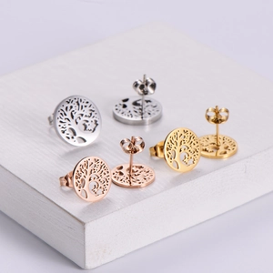 Elegant hollow tree of life stud earrings in silver, gold, and rose gold finishes